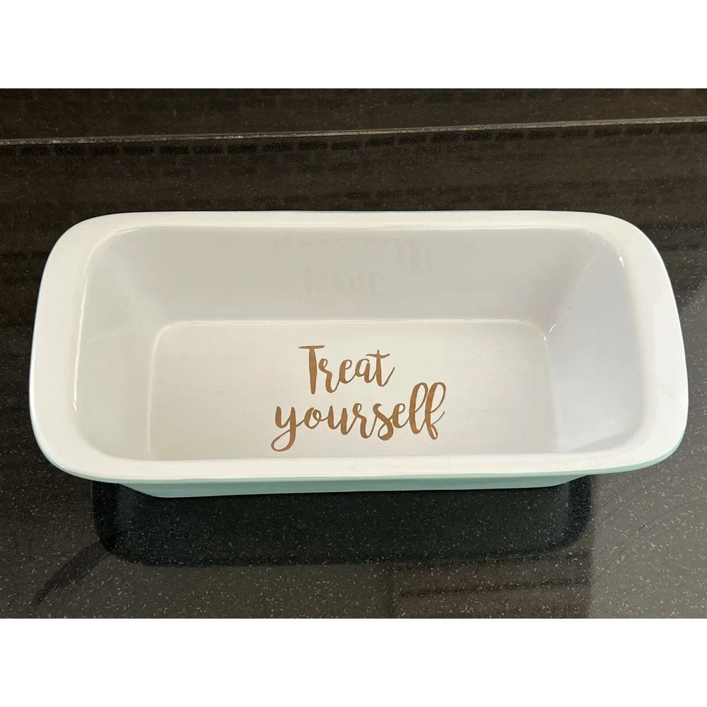 'Treat Yourself' Stoneware Loaf Pan Turquoise Bread Baking Dish Tia‎ And Me